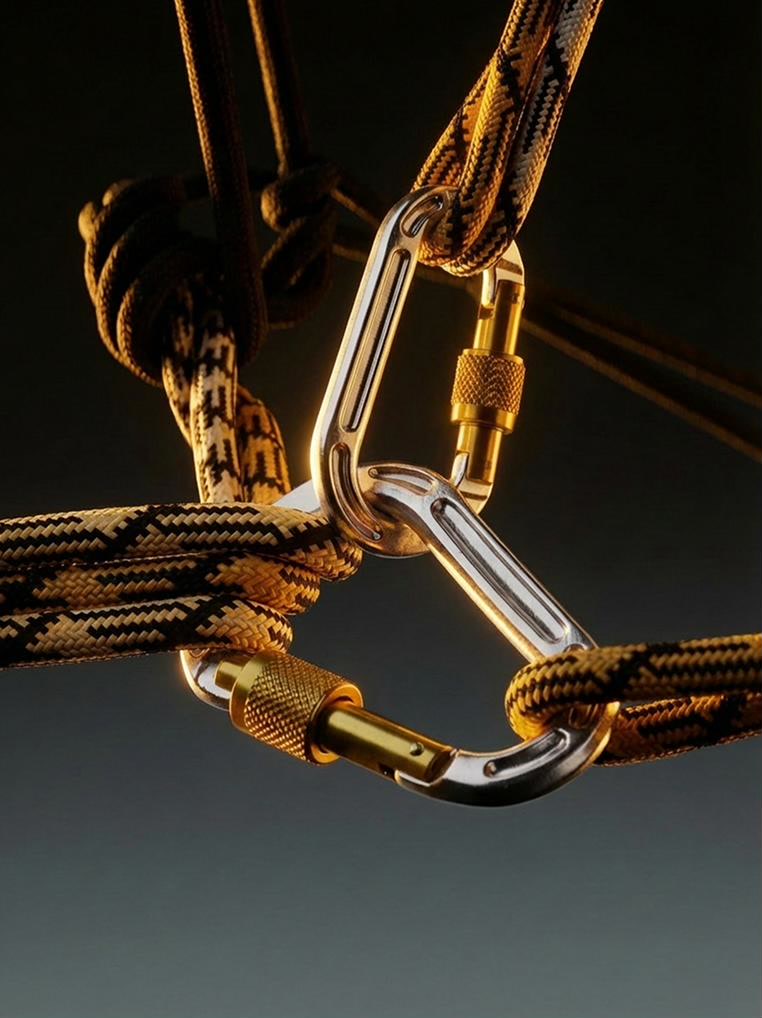 Locking carabiners linked through braided climbing rope