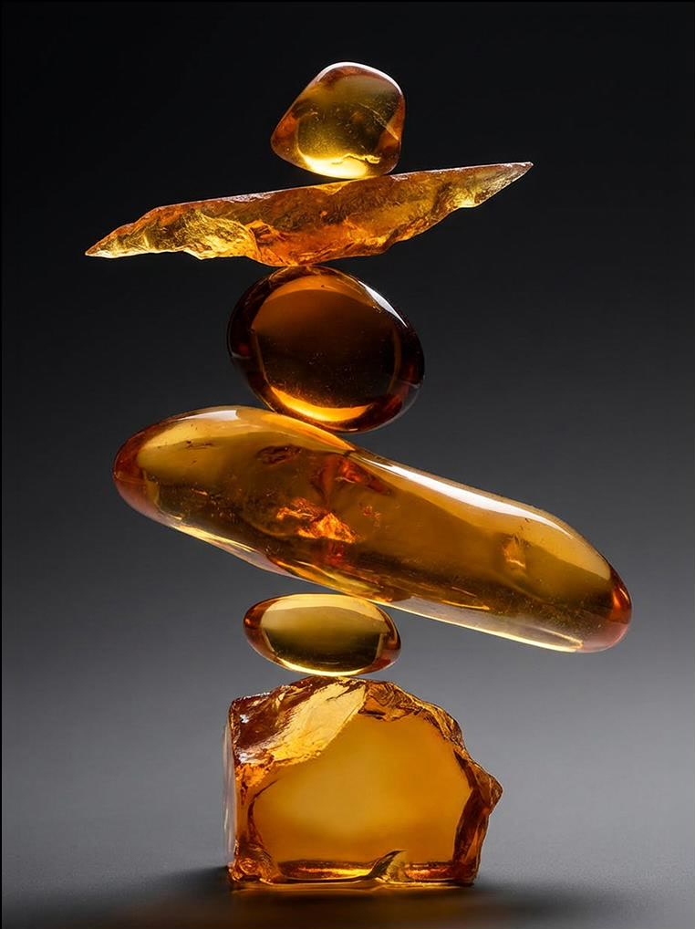 Amber forms balanced in a vertical stack
